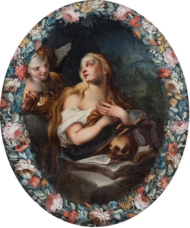 Maddalena penitente entro ghirlanda di fiori